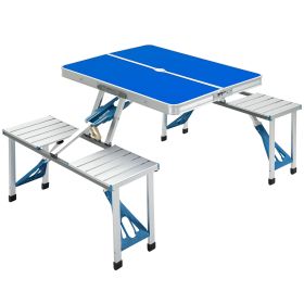 Outsunny Folding Picnic Table with Umbrella Hole, Aluminum Suitcase Portable Outdoor Table with Bench, Patio, Porch or Camping Table and Chair Set, Oc