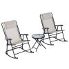 Outsunny 3 Piece Outdoor Rocking Chair Set, Patio Folding Lawn Rocker Set with Glass Coffee Table, Headrests for Yard, Patio, Deck, Backyard, Cream Wh