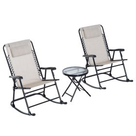 Outsunny 3 Piece Outdoor Rocking Chair Set, Patio Folding Lawn Rocker Set with Glass Coffee Table, Headrests for Yard, Patio, Deck, Backyard, Cream Wh