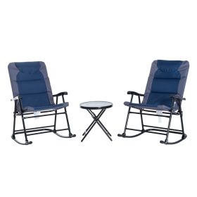 Outsunny 3 Piece Outdoor Patio Furniture Set with Glass Coffee Table & 2 Folding Padded Rocking Chairs, Bistro Style for Porch, Camping, Balcony, Navy