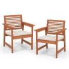 Set of 2 Patio Solid Wood Dining Chairs with Cushions and Slatted Seat