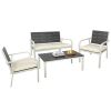 4 Pieces Patio Garden Sofa Conversation Set Wood Grain Design PE Steel Frame Loveseat All Weather Outdoor Furniture Set with Cushions Coffee Table for