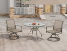 3-Piece Bistro Patio Table and Chairs Set with Tan PVC Sling Swivel Rocker Chairs and Round Cast-Top Outdoor Table, Premium Weather Resistant Outdoor