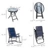 Outsunny 3 Piece Outdoor Patio Furniture Set with Glass Coffee Table & 2 Folding Padded Rocking Chairs, Bistro Style for Porch, Camping, Balcony, Navy