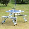 Outsunny Folding Picnic Table with Umbrella Hole, Aluminum Suitcase Portable Outdoor Table with Bench, Patio, Porch or Camping Table and Chair Set, Oc