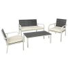 4 Pieces Patio Garden Sofa Conversation Set Wood Grain Design PE Steel Frame Loveseat All Weather Outdoor Furniture Set with Cushions Coffee Table for