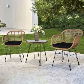 Oshion 3 pcs Wicker Rattan Patio Conversation Set with Tempered Glass Table Flaxen Yellow (Color: Flaxen Yellow)