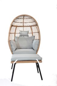 Outdoor Garden Wicker Egg Chair And Footstool Patio Chaise, With Cushions, Outdoor Indoor Basket Chair (Color: Blue Multi+Brown)