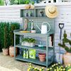 65" Large Wooden Farmhouse Rustic Outdoor Potting Bench Table; Patio Workstation; Garden Potting Bench with 4 Storage Shelves and Side Hook